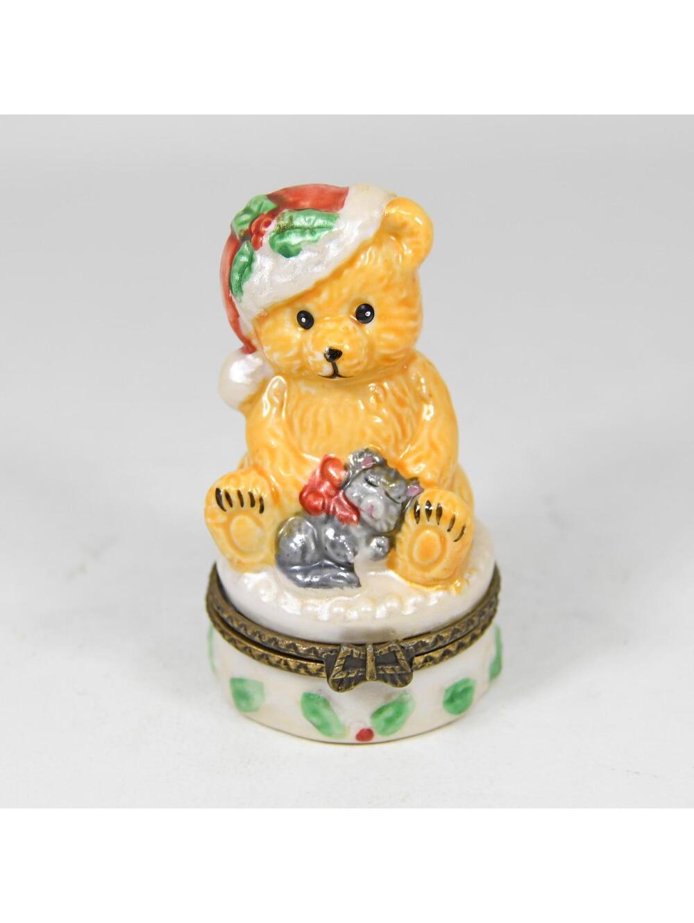 Christmas Teddy Bear Hinged Pill Trinket Box Mouse 3" Ceramic Hand Painted VTG